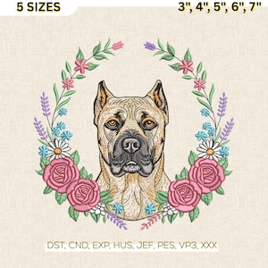Wzór haftu maszynowego z motywem kwiatowym psa rasy cane corso, wzór wianka z róż, plik ściegu DST