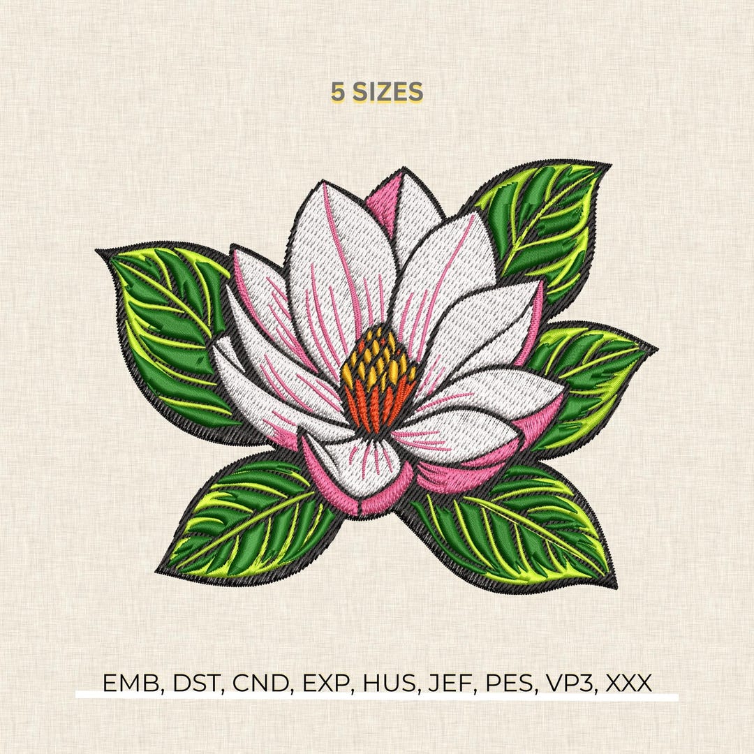 Elegant Magnolia Flower Embroidery Design, Botanical Blossom Pattern ...