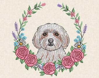 Floral Maltese Embroidery Design: Pet Lover, Flower & Dog Machine File DST PES | Instant Download