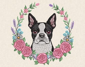 Floral Boston Terrier Embroidery Design, Dog Portrait Pattern, Dog Mom Gift, Machine Stitch Files