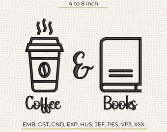 Coffee & Books Machine Embroidery Design, Minimalist Reading Cafe Pattern, Stitch Machine File DST PES