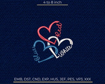 Patriotic Red White Blue Hearts Machine Embroidery Design, 4th Of July Apparel Pattern Stitch