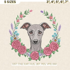 Puede incluir: Diseño bordado de un galgo rodeado por una corona floral de rosas rosas, margaritas y lavanda. Disponible en 5 tamaños, que van de 7,6 cm a 17,8 cm. Los textos "5 SIZES" y "3", 4", 5", 6", 7" son visibles.
