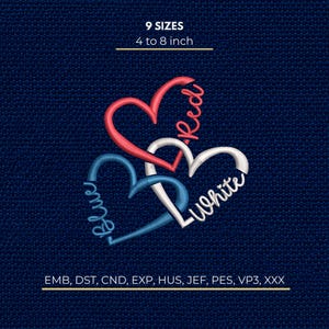Patriotic Red White Blue Hearts Machine Embroidery Design, 4th Of July Apparel Pattern Stitch