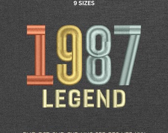 1987 Legend 39th Birthday Machine Embroidery Design, Retro Anniversary Apparel Pattern, Stitch File DST