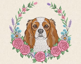 Floral Cavalier King Charles Spaniel Embroidery Design: Pet Lover, Flower & Dog Machine File DST