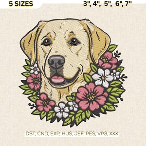 Floral Golden Retriever Embroidery Design, Yellow Lab Pattern, Dog Mom Machine File DST PES