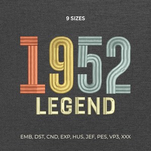 May include: Embroidered design on a dark gray background. The design features the number "1952" in orange, gold, and silver, with the word "LEGEND" below in gold. The text "9 SIZES" is at the top.