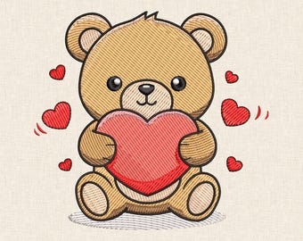 Teddy Bear Embroidery Design, Heart Bear Pattern, Romantic Machine Stitch Files (DST, PES, EMB)