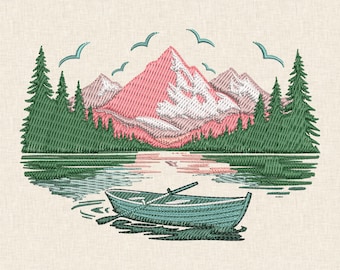 Mountain Lake Forest Embroidery Design, Pine Trees & Scenic Nature Machine Embroidery Stitch File DST