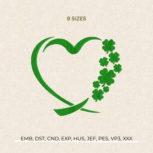 Diseño de bordado de corazón de trébol, patrón del Día de San Patricio, regalo de trébol de la suerte, archivos de bordado a máquina