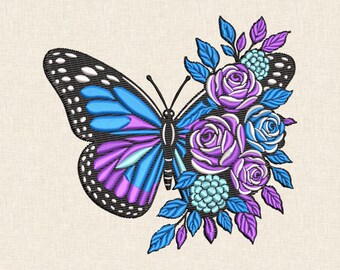 Floral Butterfly Machine Embroidery Design, Purple Rose Botanical Insect Apparel Pattern Stitch Files DST