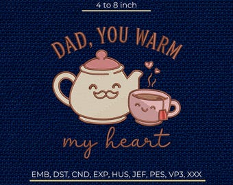 Dad Machine Embroidery Design, Teapot Mustache Tea Cup Pattern, Stitch Machine File DST PES