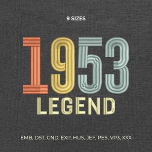 1953 Legend 73rd Birthday Machine Embroidery Design, Retro Anniversary Apparel Pattern Stitch File DST