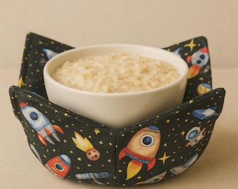 Odisea Espacial: Funda reversible de algodón para cuencos, soporte para cuencos calientes hecho a mano, almohadilla térmica apta para microondas, regalo de cocina para niños, regalo para profesores, espacio