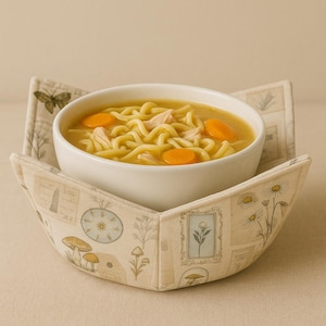 May include: A white bowl filled with chicken noodle soup, featuring noodles, chicken, and carrot slices. The bowl rests in a beige fabric bowl cozy with a botanical print, including mushrooms, flowers, and a clock design.