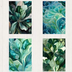 Abstract Leaf Wall Art, Cards Bundle | 4 Emerald Teal Green Gold Digital Downloads| Boho Printable Decor | Modern Home Office Art Print|Gift