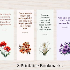 Floral Bible Verse Bookmarks Set of 8 | Printable Christian Scripture Bookmarks Digital Download Instant PDF Flowers Hydrangeas Roses Lilies