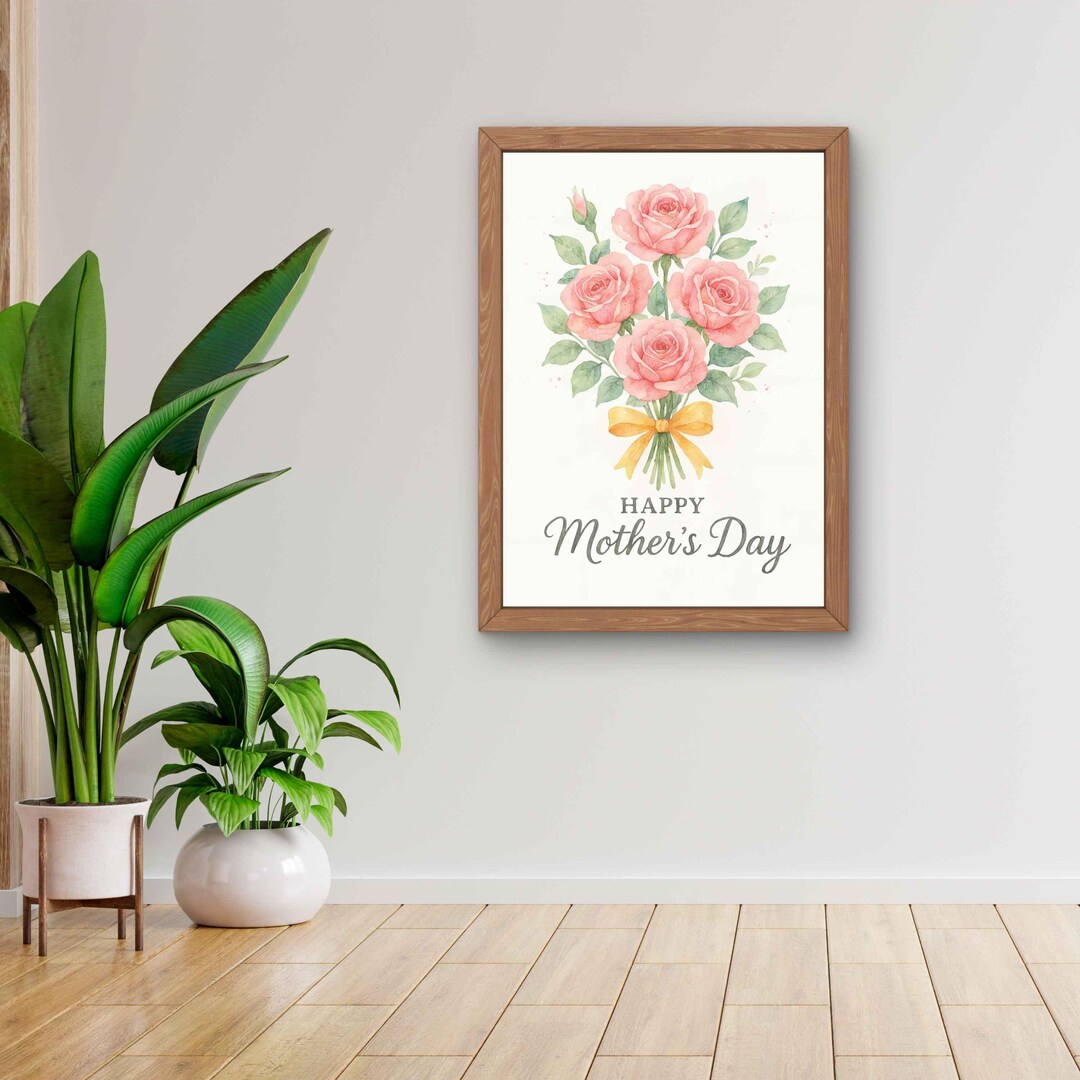 Watercolor Pink Roses Happy Mothers Day Print | Bouquet With Ribbon ...