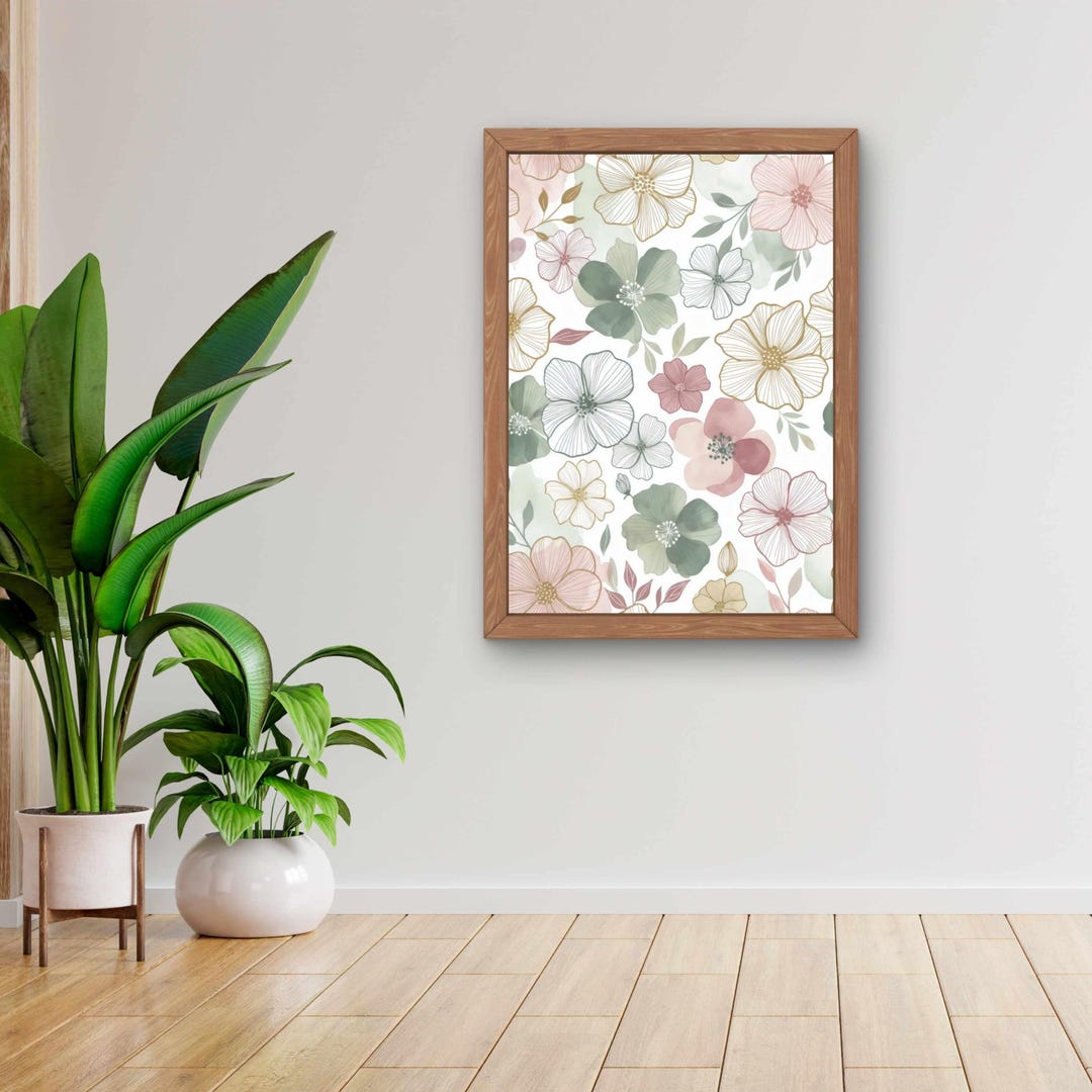 Watercolor Blush Pink Sage Green Floral Pattern Print | Gold Outline ...