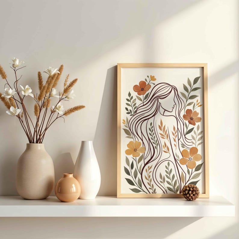 Boho Floral Woman Line Art Print | Minimalist Feminine Figure With ...