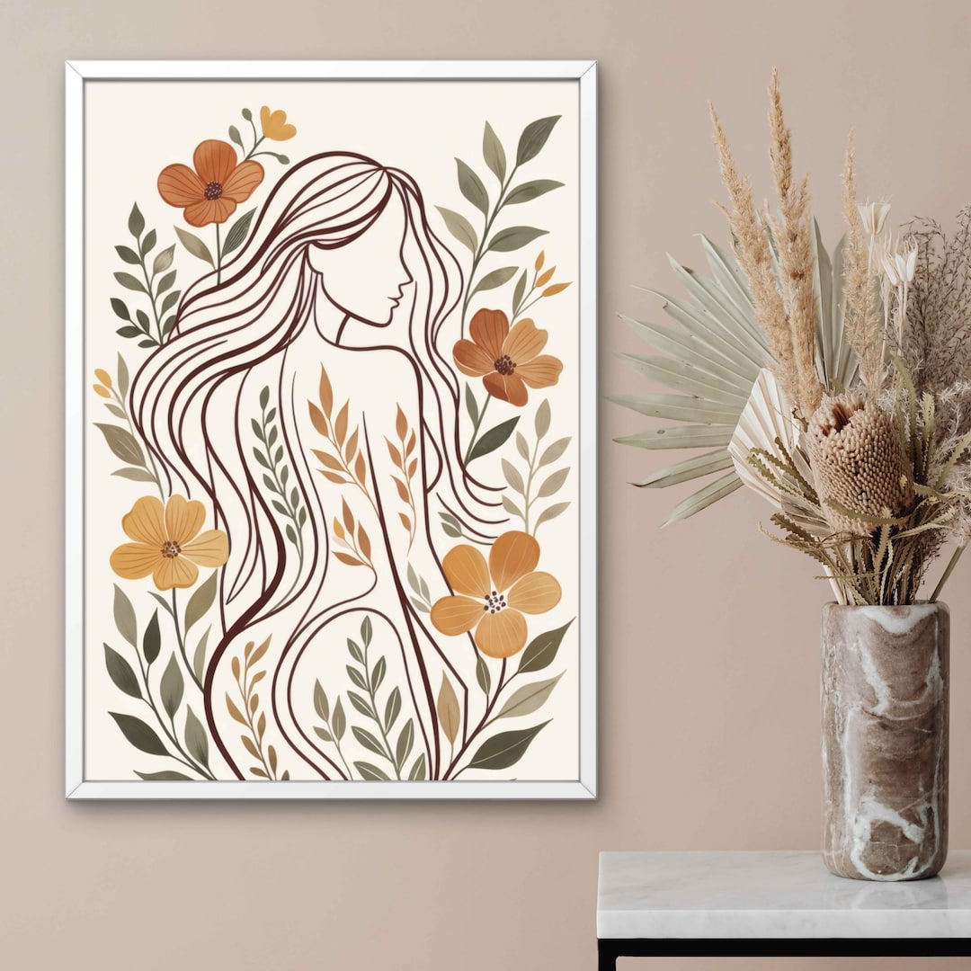 Boho Floral Woman Line Art Print | Minimalist Feminine Figure With ...