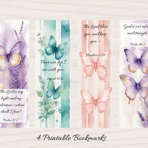 Könnte beinhalten: Set aus vier druckbaren Lesezeichen mit Aquarell-Schmetterlingsdesigns. Jedes Lesezeichen hat ein anderes Farbschema, darunter Lila, Türkis und Rosa, mit inspirierenden Zitaten und floralen Akzenten. Der Text "4 Printable Bookmarks" steht unten.