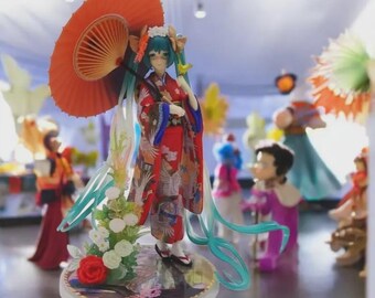 Figurine Miku 23 Cm – Kimono Rouge Jiumaocleu, Modèle PVC Fait Main Pour Déco Bureau, Cadeau Noël/anniversaire