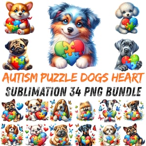 May include: A collection of colorful dog illustrations, each holding a heart-shaped puzzle. The text "AUTISM PUZZLE DOGS HEART" and "SUBLIMATION 34 PNG BUNDLE" are displayed. The dogs are of various breeds and colors.