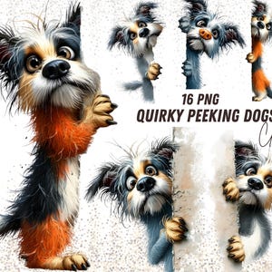 May include: A digital art image featuring six quirky peeking dogs. The dogs have expressive eyes and are rendered in a colorful style with orange, black, white, and gray fur. Text reads "16 PNG QUIRKY PEEKING DOGS Clipart."