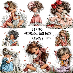 Puede incluir: Una colección de 56 ilustraciones digitales PNG que muestran niñas con varios animales, incluyendo conejos, corderos, perros y pájaros. El texto 56PNG WHIMSICAL GIRL WITH ANIMALS clipart está centrado entre las diversas escenas de niñas.