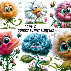 Breng een glimlach op elk creatief project met deze Quirky Funny Flower Clipart Bundle!