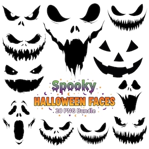 Op de afbeelding: Een verzameling zwarte Halloween-gezichtsontwerpen, met verschillende uitdrukkingen zoals boze ogen, grijnzende monden en schreeuwende gezichten. De tekst "Spooky Halloween Faces" staat in kleurrijke letters, met "20 PNG Bundle" eronder.