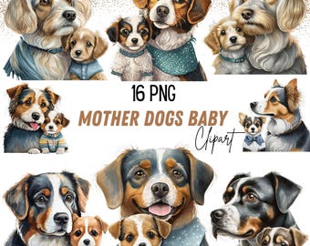 16 PNG Acuarela Linda Mamá y Bebé Perro Clipart, Lindos Perros Guardería Animal, Oso Conejito Gatito Mamá Hija Hijo Día de la Madre Baby Shower PNG