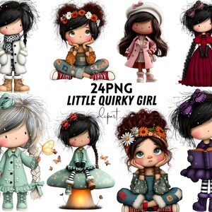 Puede incluir: Una colección digital de 24 archivos PNG titulada 24PNG LITTLE QUIRKY GIRL clipart, que presenta ilustraciones de varios personajes con peinados distintos, atuendos coloridos y accesorios como lazos, sombreros y flores en diversos entornos.