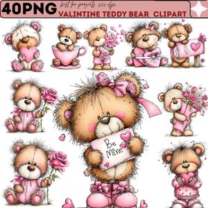 Puede incluir: Una colección de imágenes prediseñadas de osos de peluche de San Valentín. Los osos están en varias poses, sosteniendo corazones, rosas y regalos. La paleta de colores incluye tonos de marrón, rosa y blanco. El texto en la parte superior dice "40PNG VALENTINE TEDDY BEAR CLIPART".