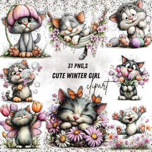 Op de afbeelding: Een verzameling grillige illustraties met schattige cartoonkatjes. Elk katje wordt in verschillende poses afgebeeld, omringd door bloemen, vlinders en bellen. De tekst "31 PNG,S CUTE WINTER GIRL clipart" is ook aanwezig.