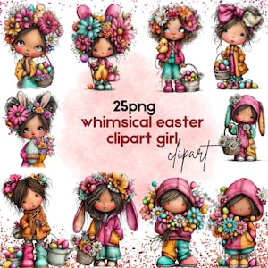 Peut inclure: Ensemble de cliparts de Pâques fantaisistes représentant des filles avec des couronnes de fleurs et des oreilles de lapin. Les filles tiennent des paniers d'œufs et de fleurs, vêtues de tenues colorées. Le texte "25png whimsical easter clipart girl clipart" est affiché.