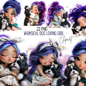Puede incluir: Una colección digital de 22 archivos PNG con ilustraciones de una niña con cabello largo morado y reflejos azules interactuando con un perro blanco y negro. El texto 22 PNG WHIMSICAL DOG LOVING GIRL Clipart está centrado en la imagen.