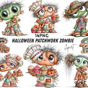 Clipart Halloween Patchwork Adorable, Estilo Gótico, Vestido Patchwork con Corazones, Chica Zombi, Muñecas Espeluznantes, Descarga Digital