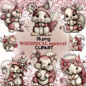 Könnte beinhalten: Eine Sammlung von skurrilen Eichhörnchen-Clipart-Illustrationen in Rosa- und Weißtönen. Die Eichhörnchen werden in verschiedenen Posen dargestellt, einige tragen Hüte und halten Blumen oder Eier. Der Text "35.png WHIMSICAL squirrel CLIPART" ist ebenfalls vorhanden.