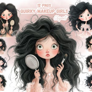 Op de afbeelding: Een digitale kunstcollectie met illustraties van eigenzinnige meisjes met make-up. De meisjes hebben grote ogen, donker haar en houden make-upborstels en spiegels vast. De tekst "12 PNGS QUIRKY MAKEUP GIRLS Clipart" staat bovenaan.