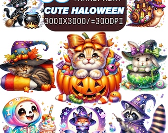Aquarell Halloween Tiere Clipart: 53 PNG Bundle, Kommerzielle Nutzung