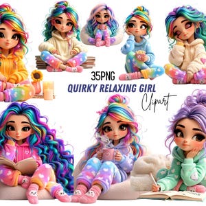 Puede incluir: Una colección de 35 ilustraciones digitales PNG titulada QUIRKY RELAXING GIRL Clipart, que muestra personajes de dibujos animados con cabello largo de colores arcoíris, vistiendo sudaderas y ropa de estar con corazones.