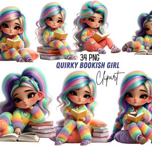 Puede incluir: Una colección de 34 ilustraciones digitales PNG que muestran a una niña con cabello largo de colores del arcoíris y ropa con patrones de arcoíris. Cada personaje aparece en varias poses leyendo libros, sentada sobre libros.