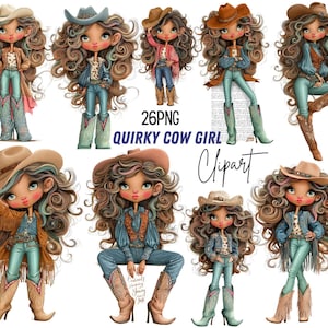 Puede incluir: Una colección de ilustraciones digitales con personajes de dibujos animados de largo cabello castaño rizado que usan sombreros de vaquero, pantalones de mezclilla y botas estilo western. El texto 26PNG QUIRKY COW GIRL Clipart aparece en el centro.