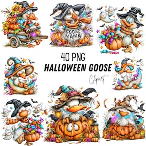 May include: A collection of 40 PNG Halloween goose clipart illustrations featuring geese wearing witch hats, surrounded by pumpkins, ghosts, bats, sweets, and autumn foliage. The text 40 PNG HALLOWEEN GOOSE Clipart is centred in the middle of the image.