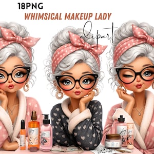 Puede incluir: Conjunto de ilustraciones digitales con tres personajes de cabello blanco, diademas de lunares rosas y gafas de ojo de gato negras. Visten batas con patrones de corazones. El texto dice 18PNG WHIMSICAL MAKEUP LADY clipart. Incluye varios frascos de cuidado.