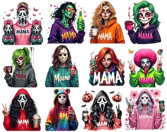 Pakiet Horror Halloween Postać MAMA Rodzina PNG, Halloween Killer Mama Svg, Halloween Mama Clipart Projekt png, Pakiet Horror Mama 100+ PNG,