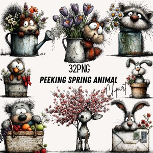 Op de afbeelding: Een verzameling grillige cartoon dieren clipart. De illustraties tonen dieren zoals eekhoorns en konijnen, die uit verschillende containers vol bloemen kijken. De tekst "32PNG PEEKING SPRING ANIMAL Clipart" is ook zichtbaar.